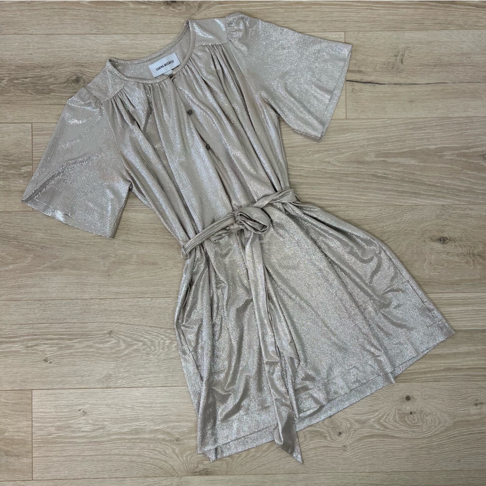 Sabina Musayev Champagne Metallic Short Tie-Waist Mini Dress